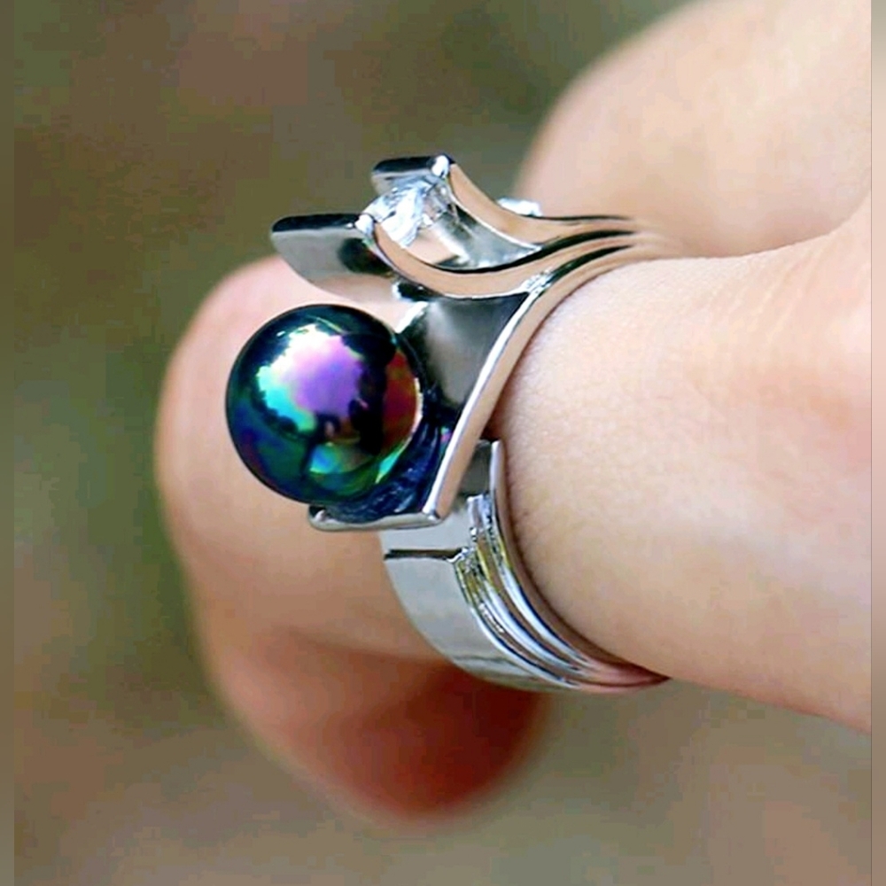 Bridal Faux Pearl Band Silver Statement Ring Rainbow Pearl Size 9